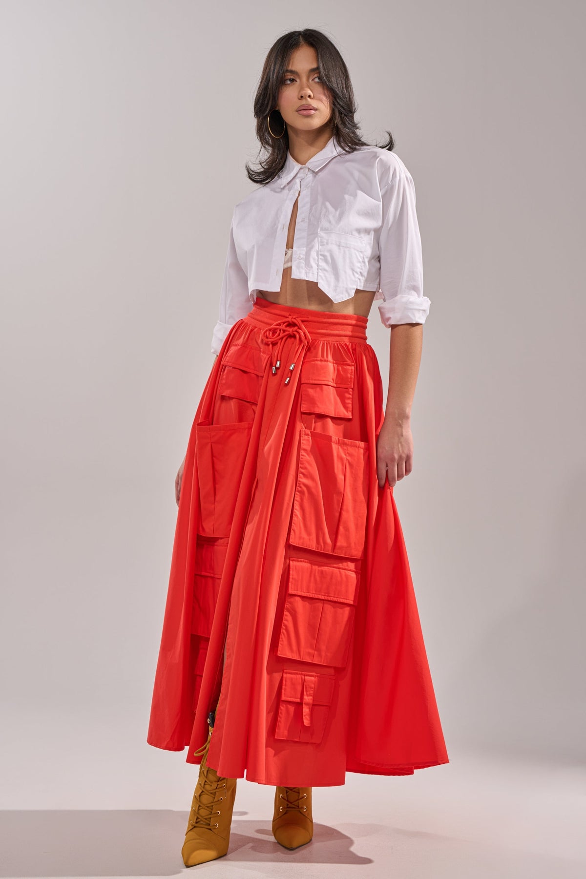 AMELIA CARGO POCKET MAXI SKIRT IN RED