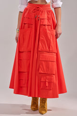 AMELIA CARGO POCKET MAXI SKIRT IN RED