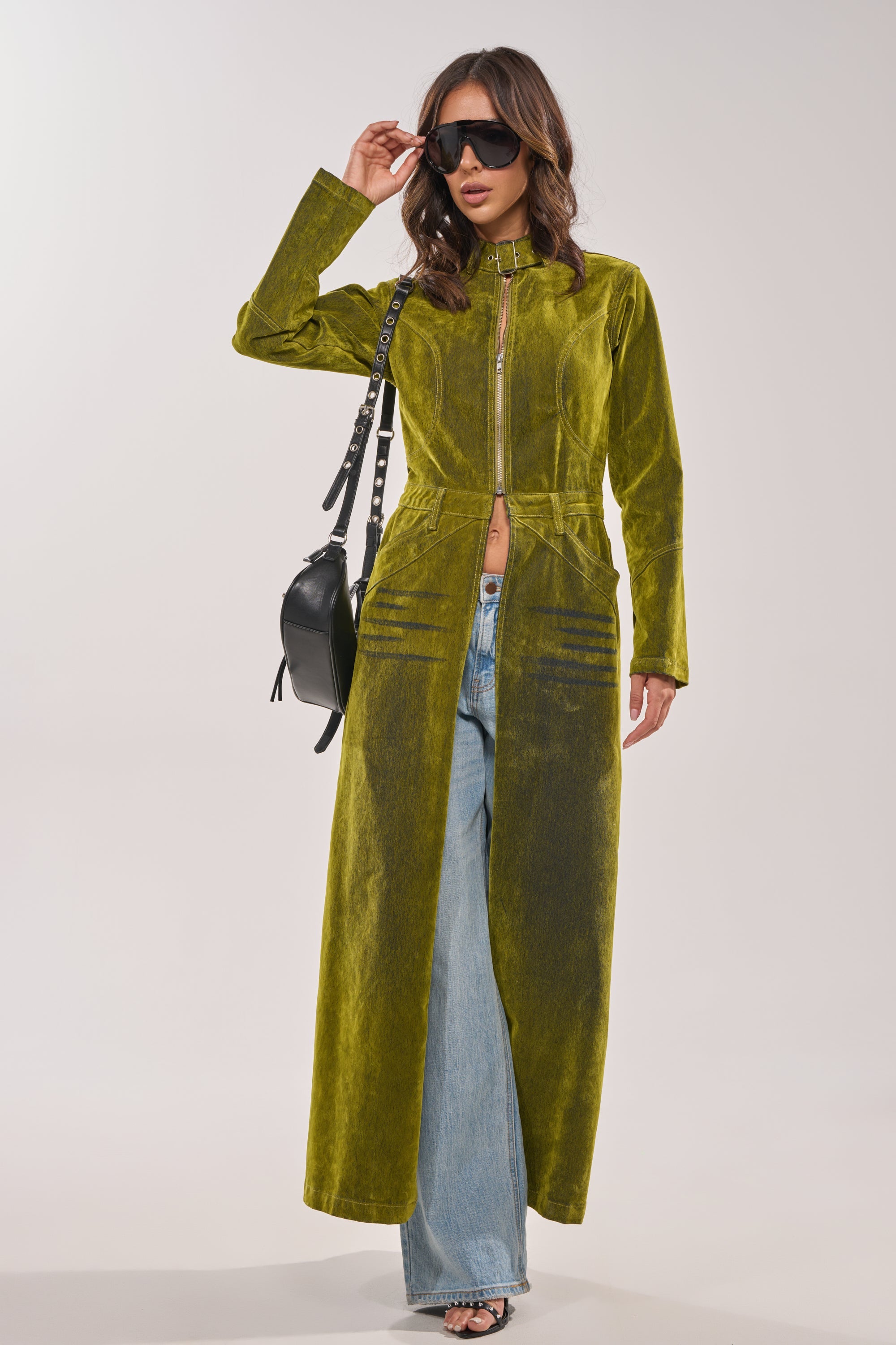 VALERIE VELVET EFFECT TRENCH IN GREEN