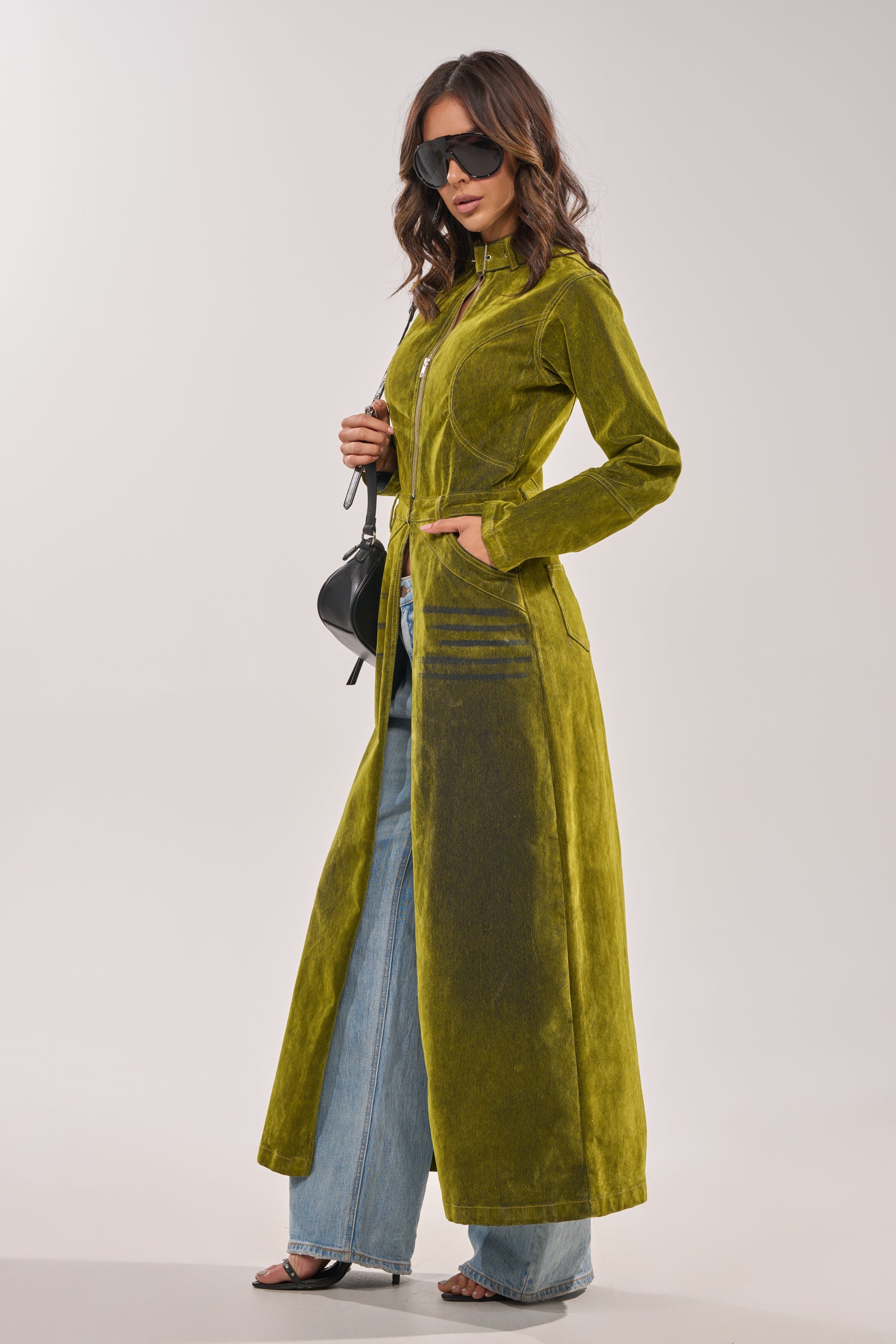 VALERIE VELVET EFFECT TRENCH IN GREEN