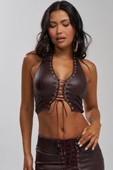 TOO MUCH TO HANDLE LACE UP HALTER TOP