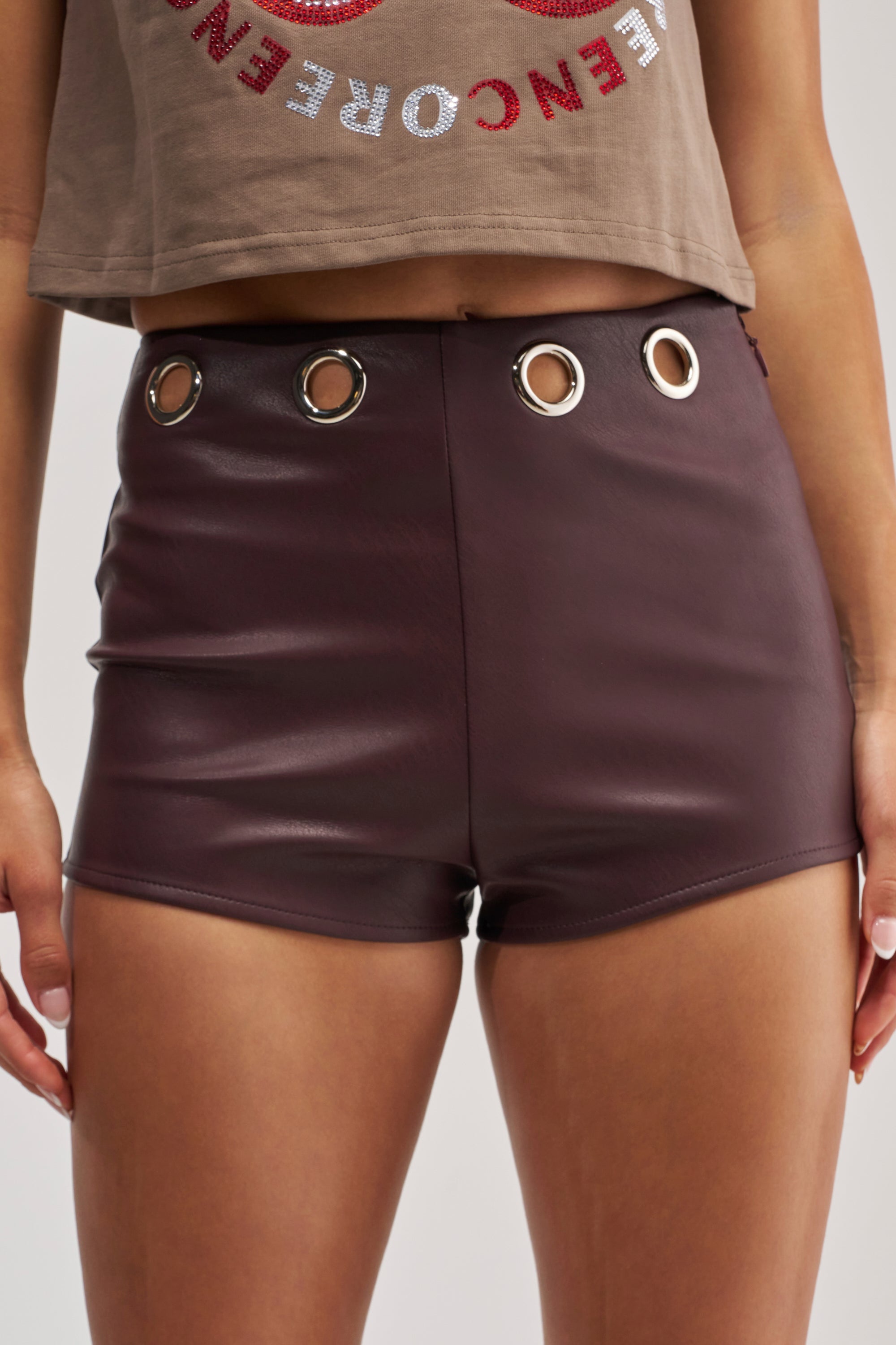 CATCH ME IF YOU CAN FAUX LEATHER SHORT WITH GROMMETS