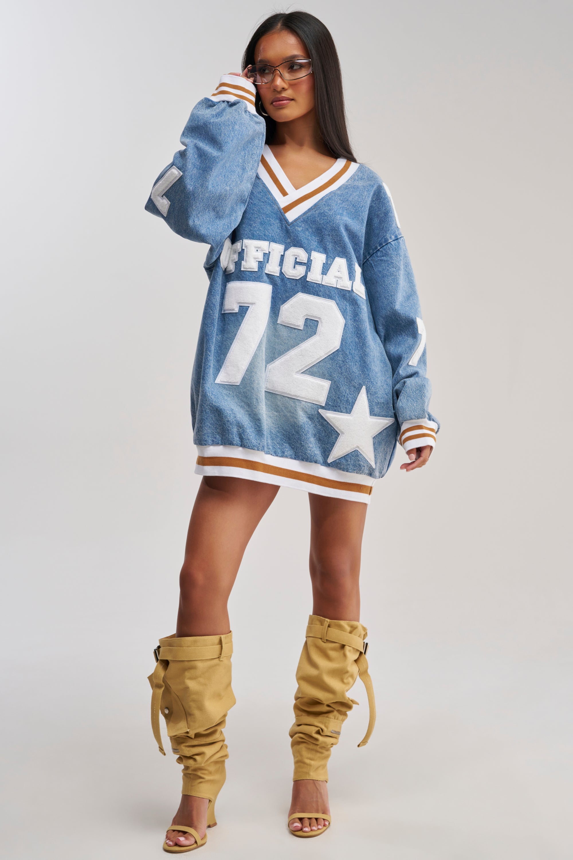 PLAYER FOR YOU DENIM JERSEY MINI DRESS