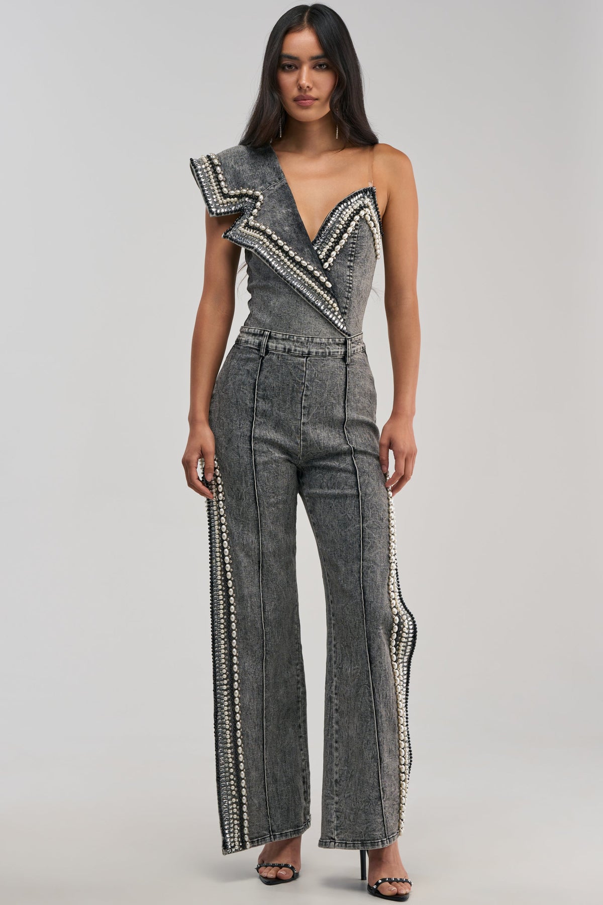 LUXURIOUS DENIM PANTS WITH SIDE SLITS IN GREY