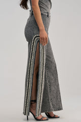 LUXURIOUS DENIM PANTS WITH SIDE SLITS IN GREY