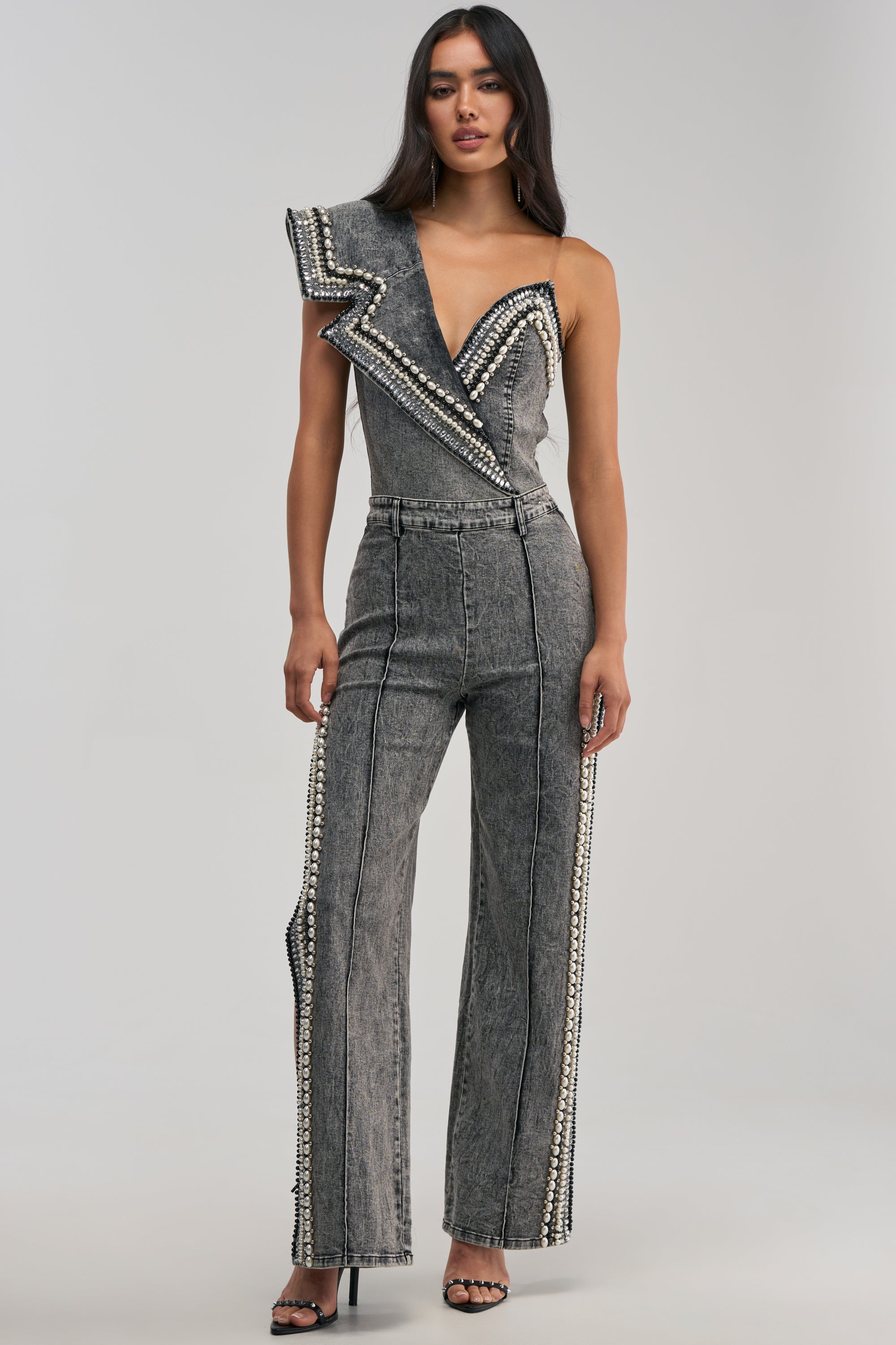 LUXURIOUS DENIM PANTS WITH SIDE SLITS IN GREY