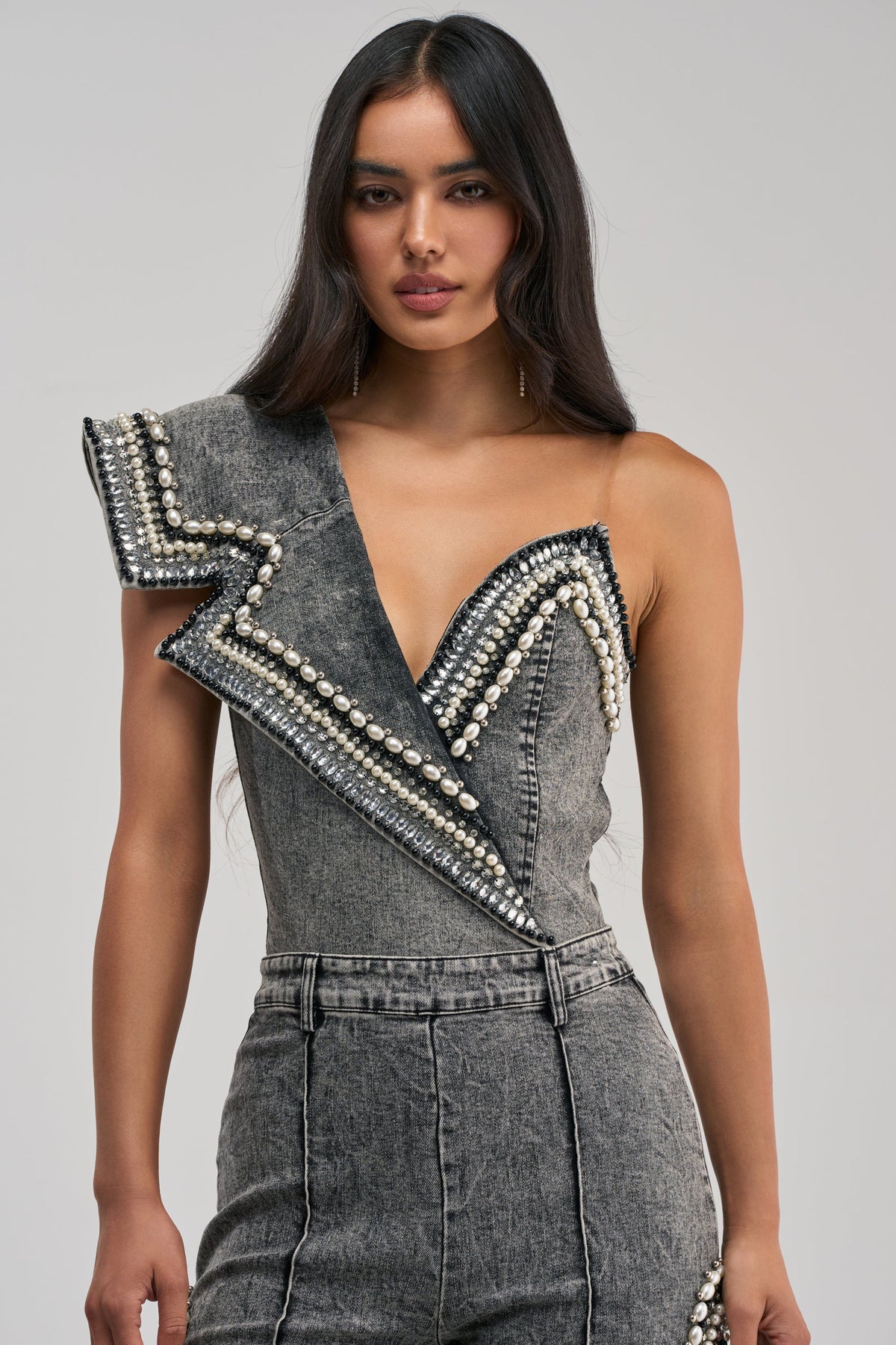 LUXURIOUS DENIM ASYMMETRICAL PEARL BODYSUIT IN GREY