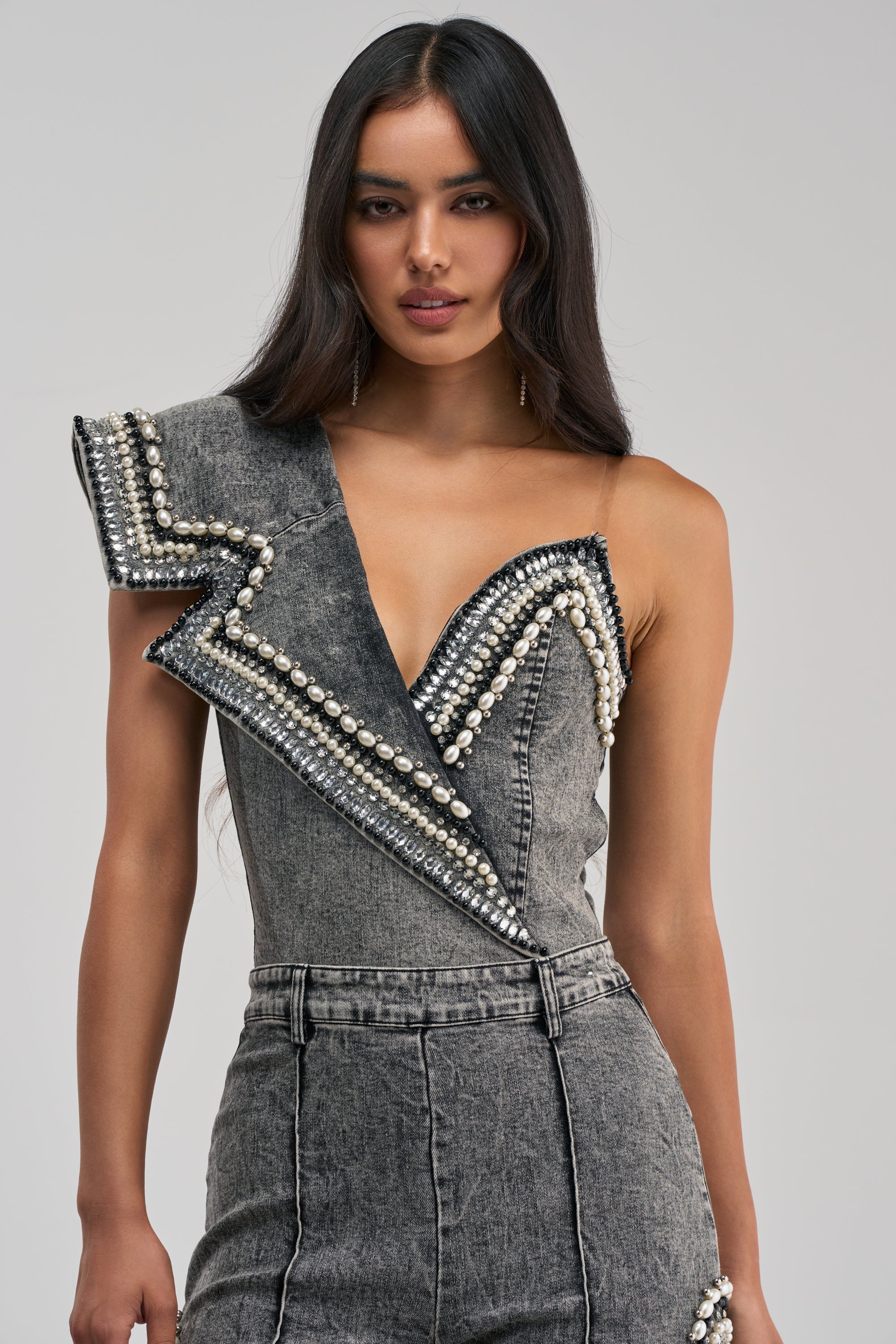 LUXURIOUS DENIM ASYMMETRICAL PEARL BODYSUIT IN GREY