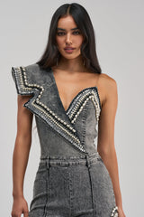 LUXURIOUS DENIM ASYMMETRICAL PEARL BODYSUIT IN GREY