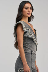 LUXURIOUS DENIM ASYMMETRICAL PEARL BODYSUIT IN GREY