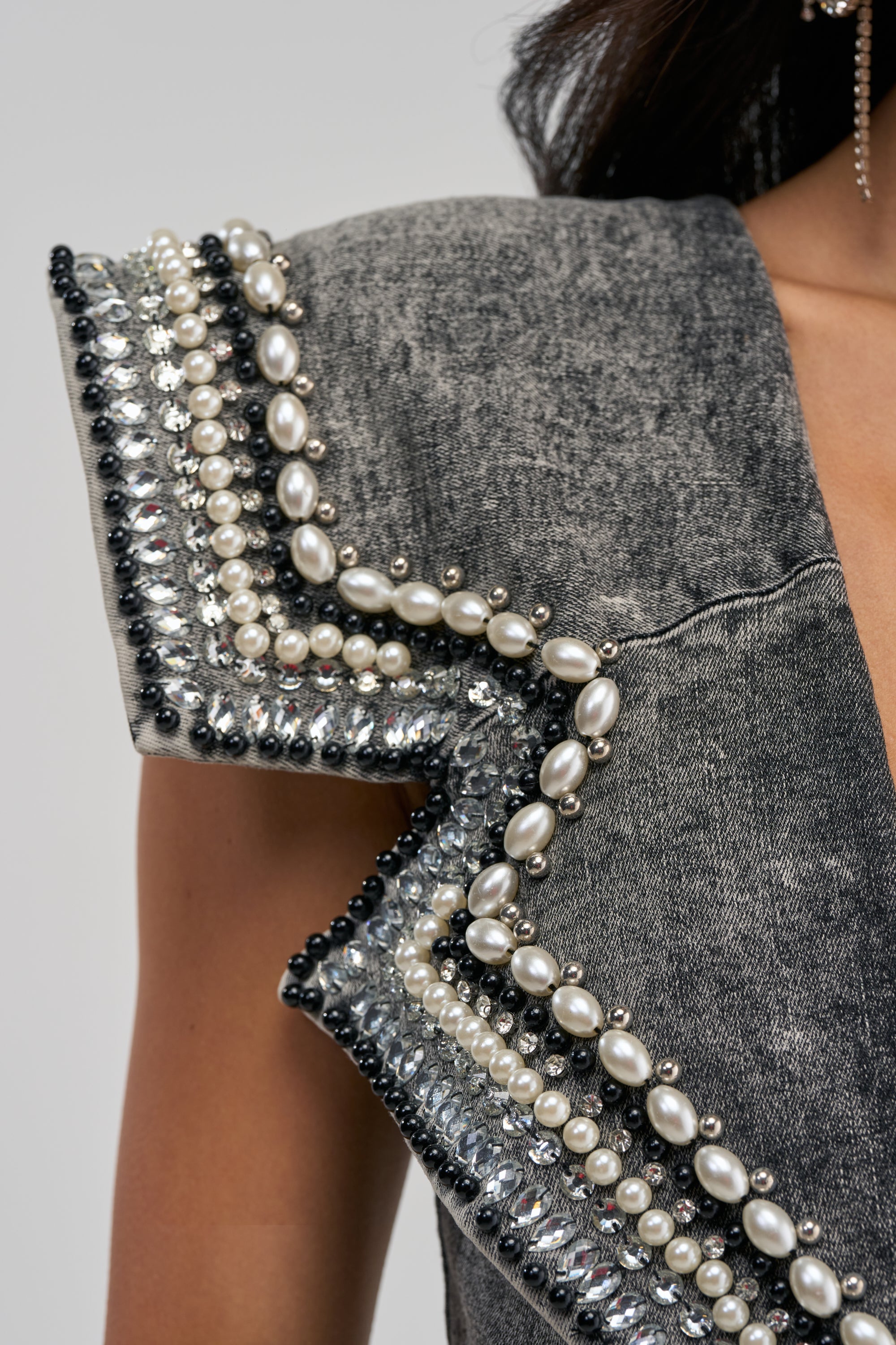 LUXURIOUS DENIM ASYMMETRICAL PEARL BODYSUIT IN GREY