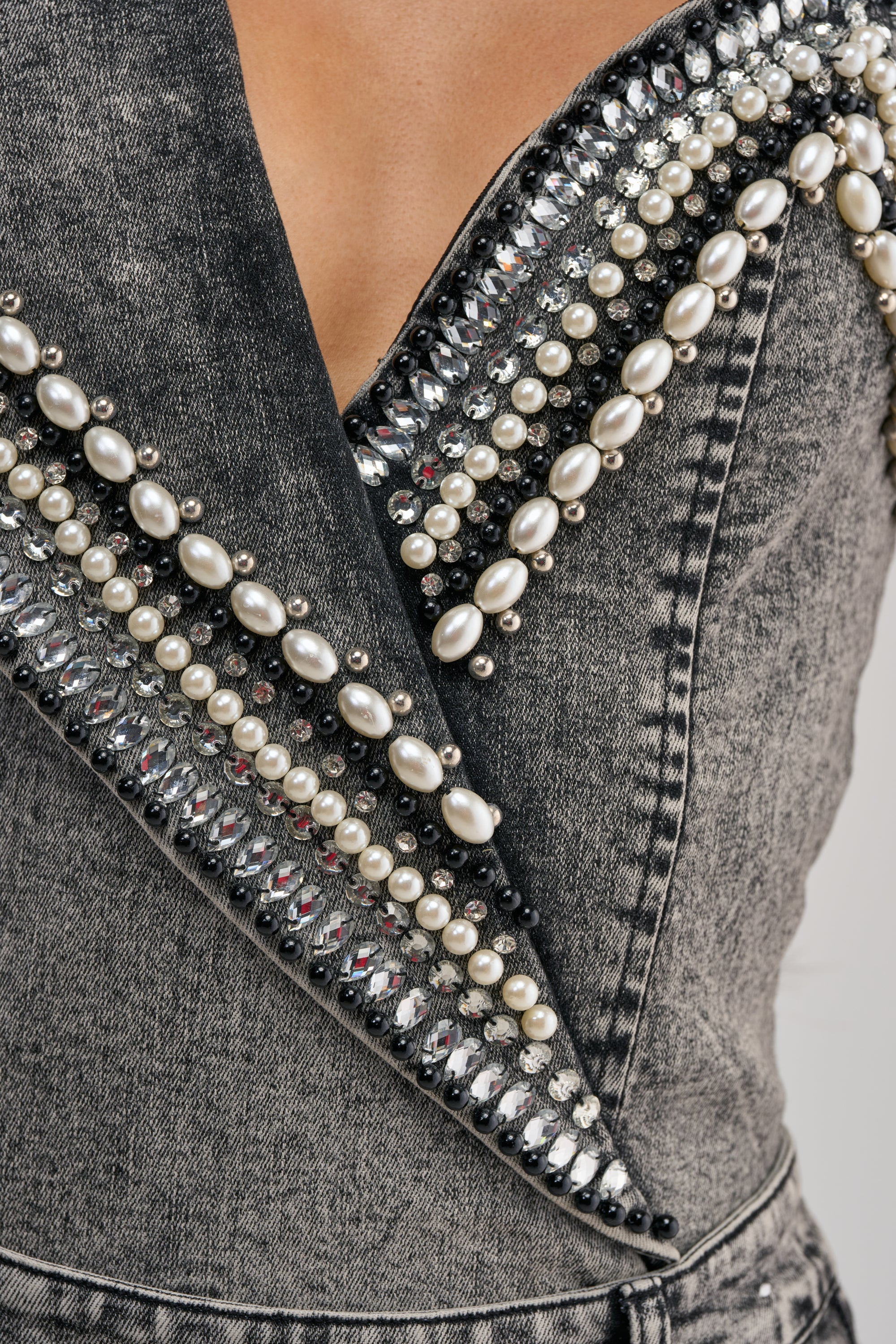 LUXURIOUS DENIM ASYMMETRICAL PEARL BODYSUIT IN GREY