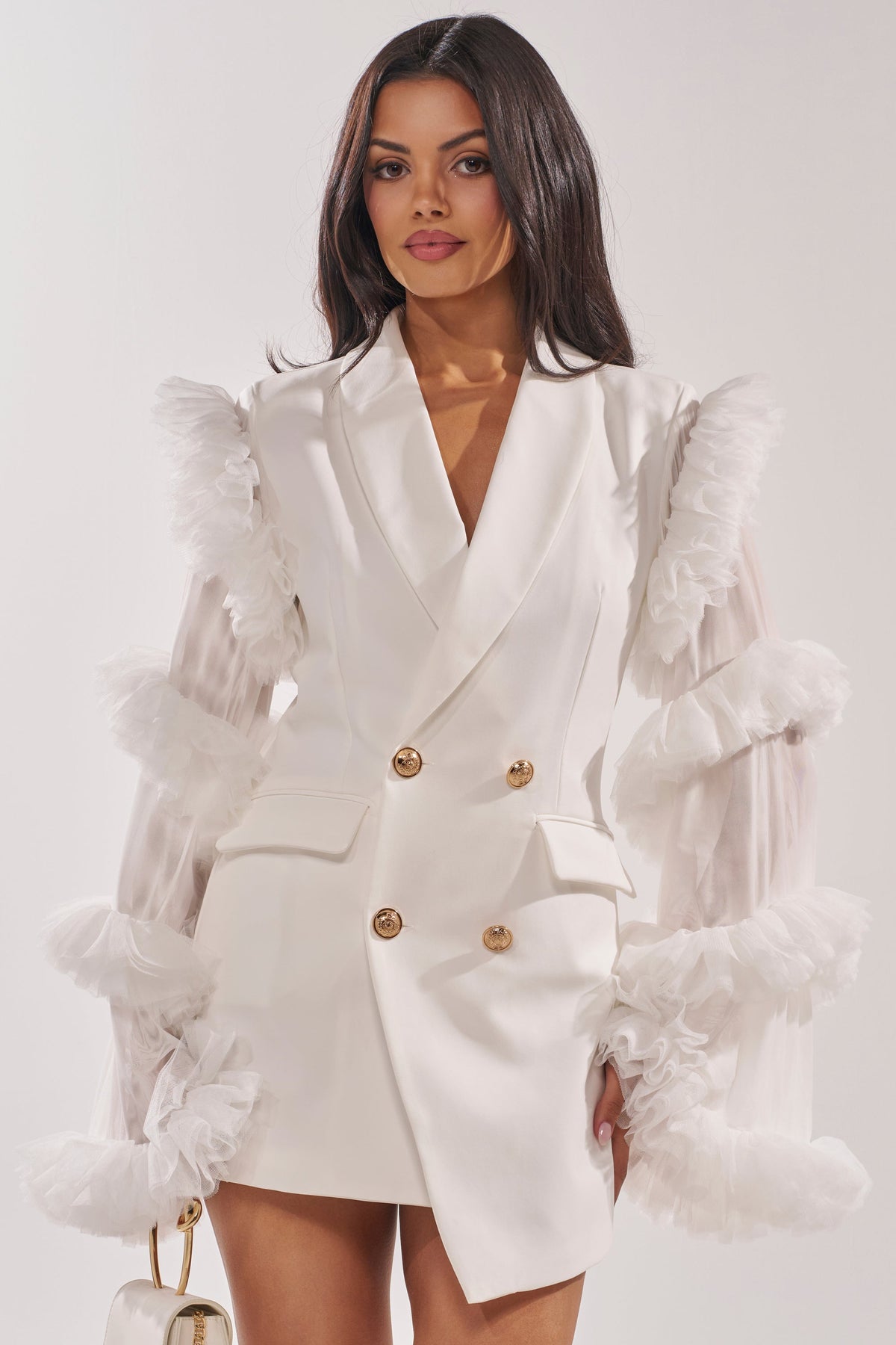 LIVING OVER THE TOP RUFFLE SLEEVE BLAZER MINI DRESS IN WHITE