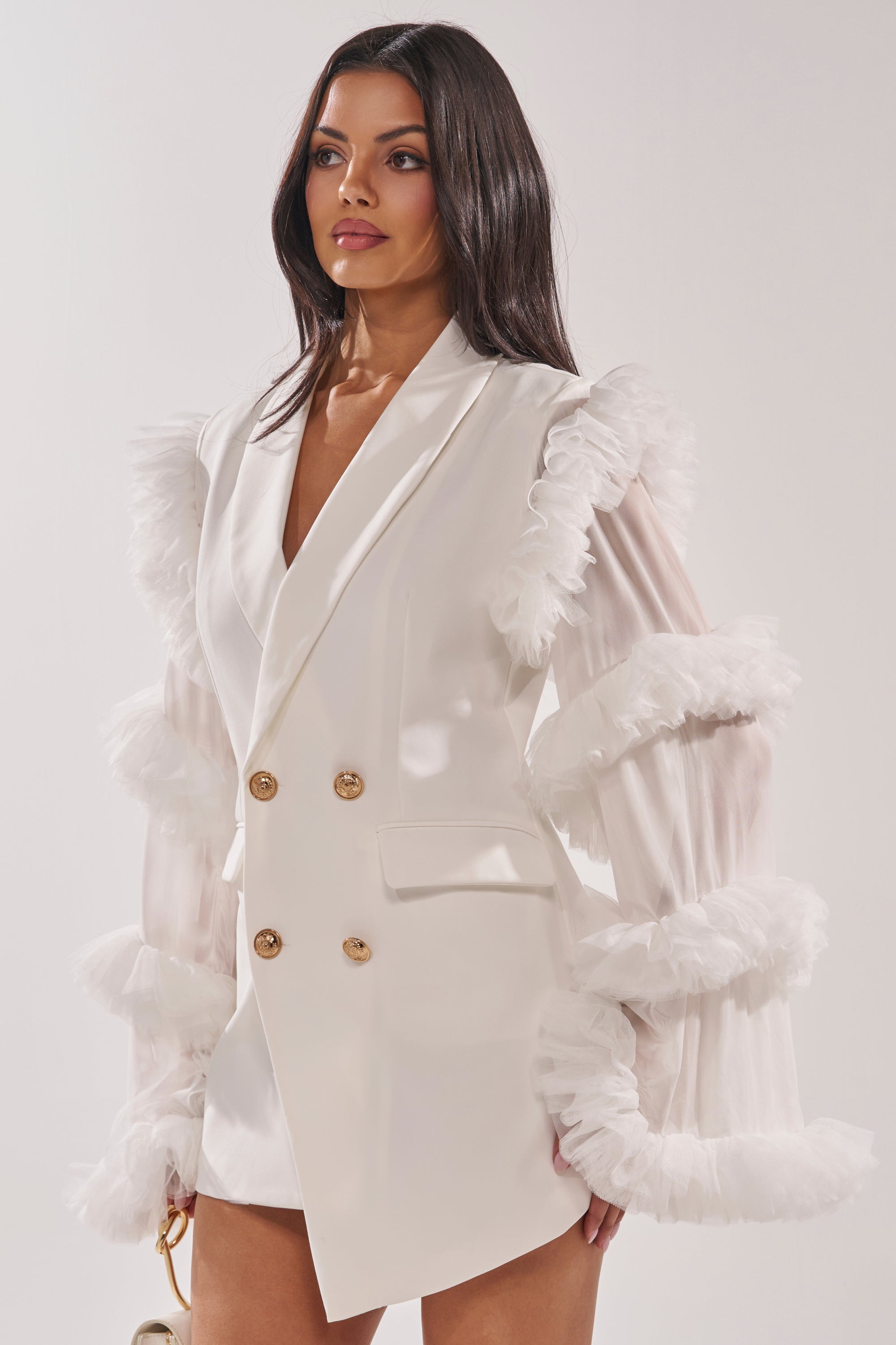 LIVING OVER THE TOP RUFFLE SLEEVE BLAZER MINI DRESS IN WHITE