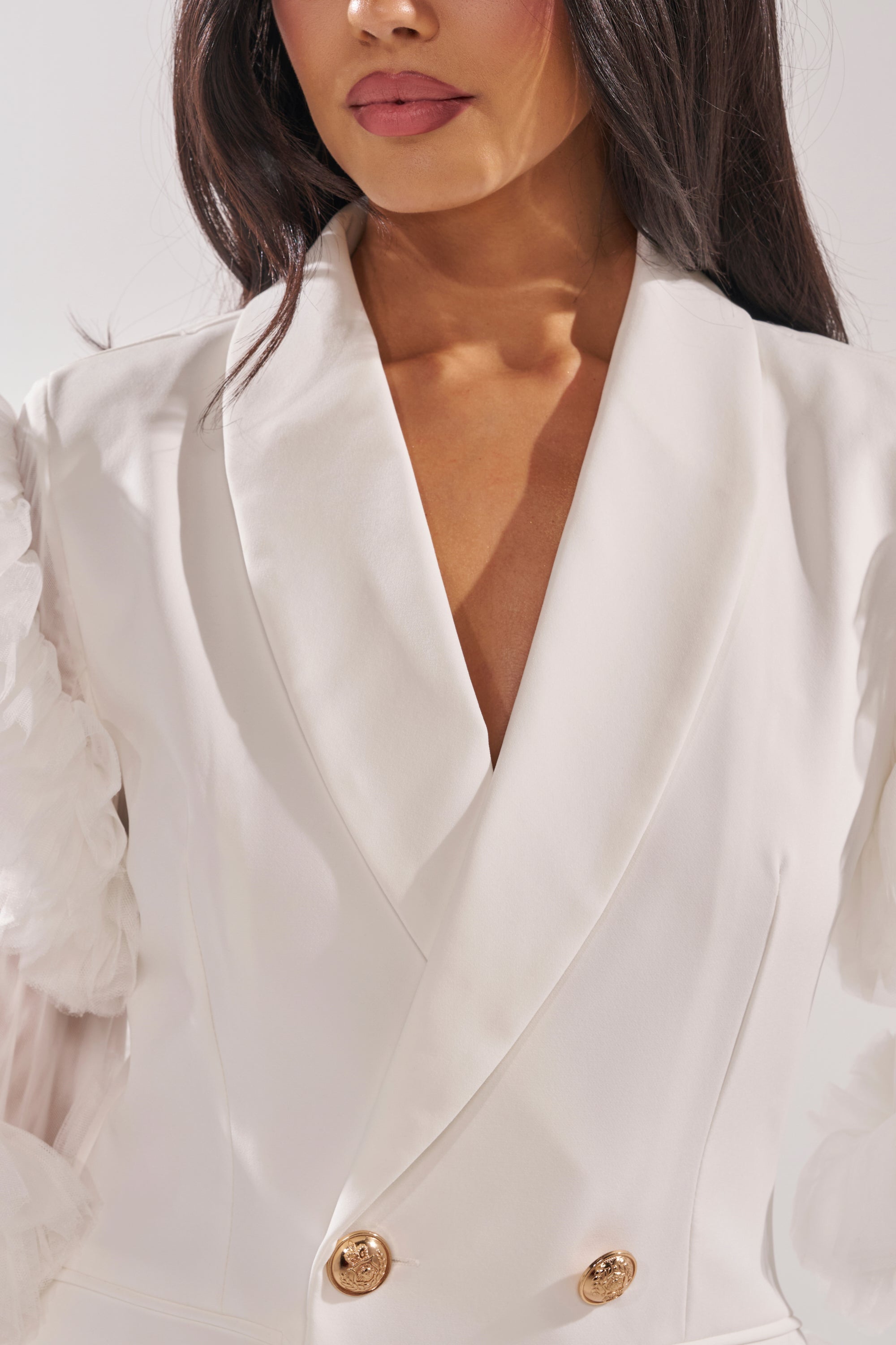 LIVING OVER THE TOP RUFFLE SLEEVE BLAZER MINI DRESS IN WHITE