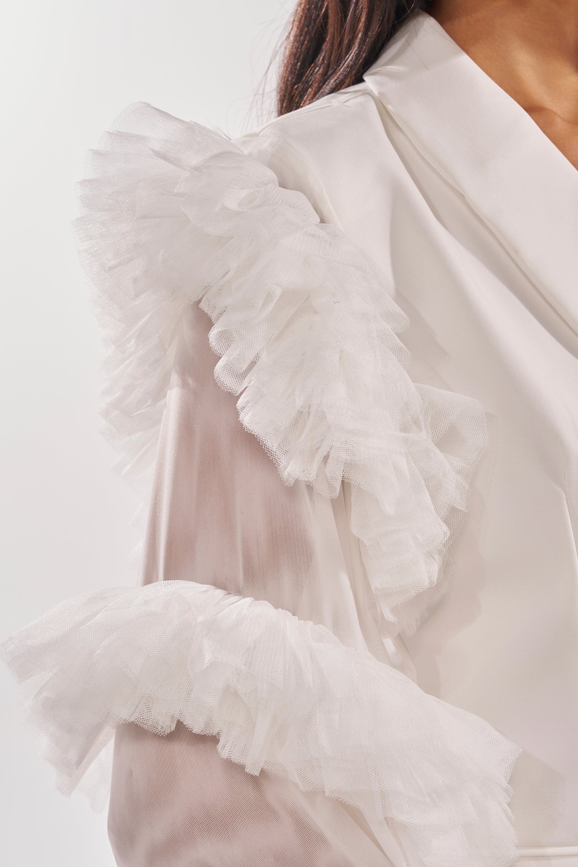 LIVING OVER THE TOP RUFFLE SLEEVE BLAZER MINI DRESS IN WHITE