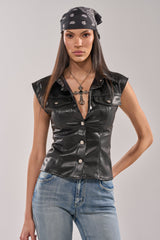 GUESS WHO FAUX LEATHER BUTTON DOWN