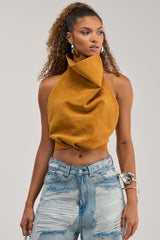 JANE SUEDE HALTER TOP IN MUSTARD