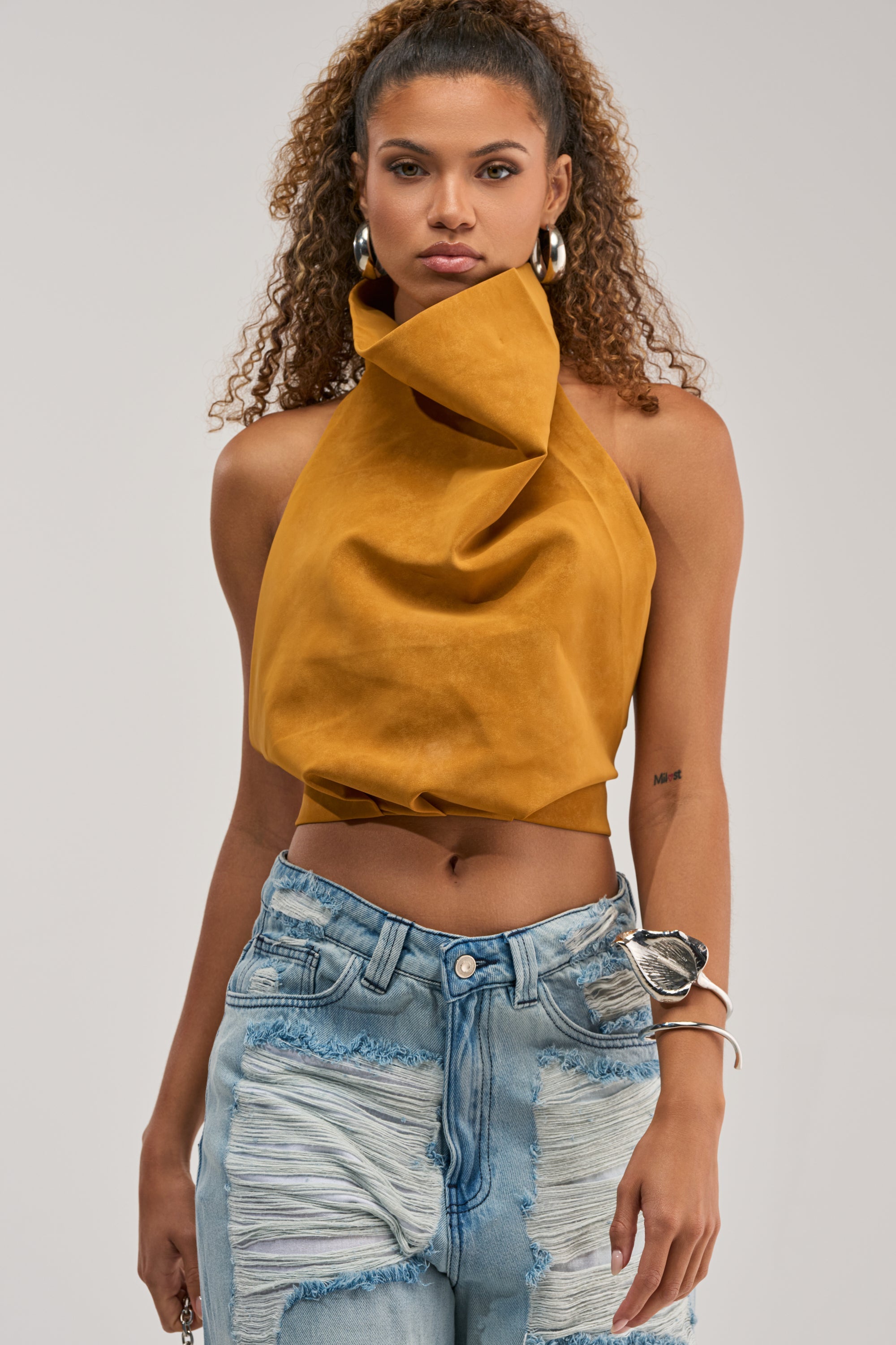 JANE SUEDE HALTER TOP IN MUSTARD