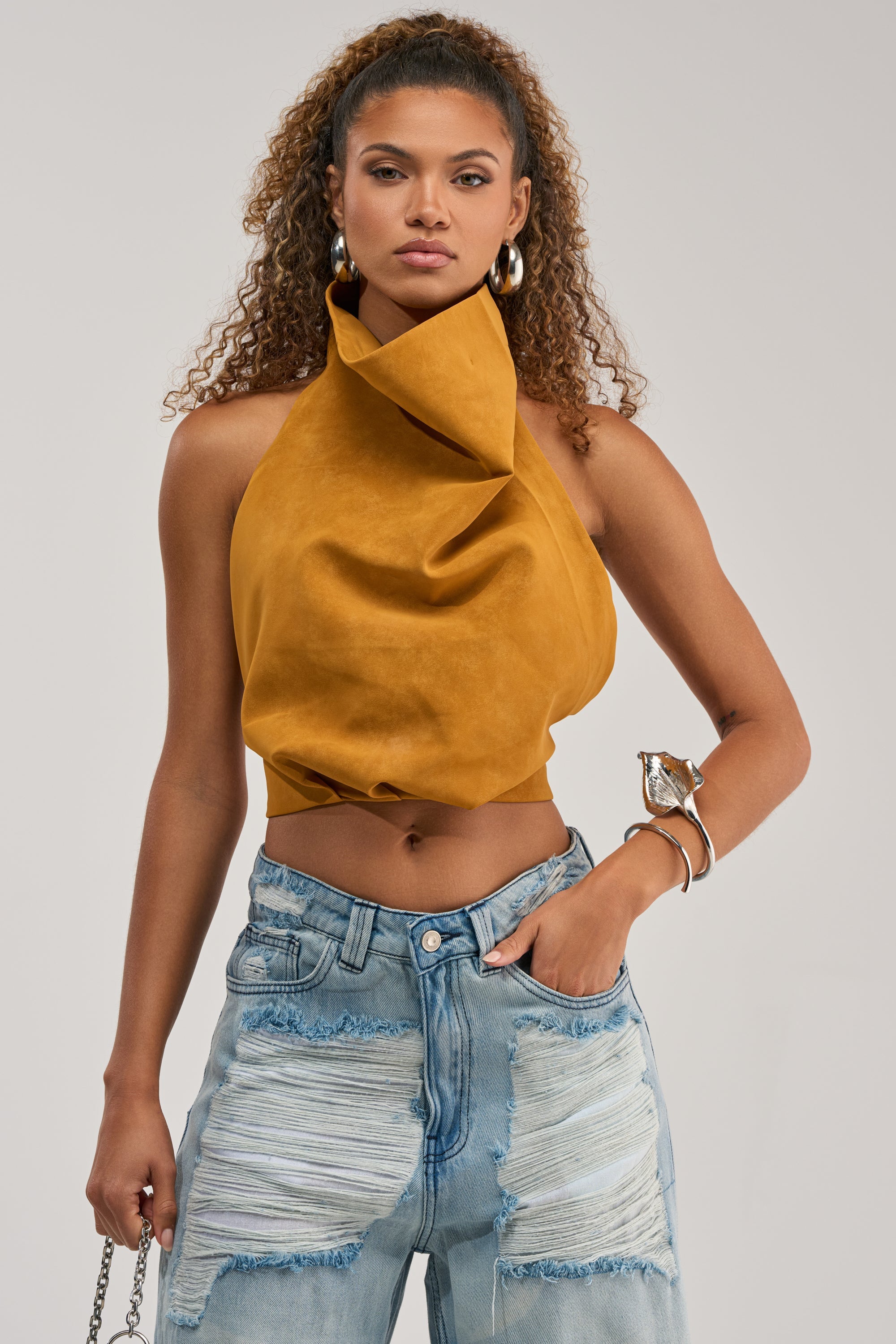 JANE SUEDE HALTER TOP IN MUSTARD