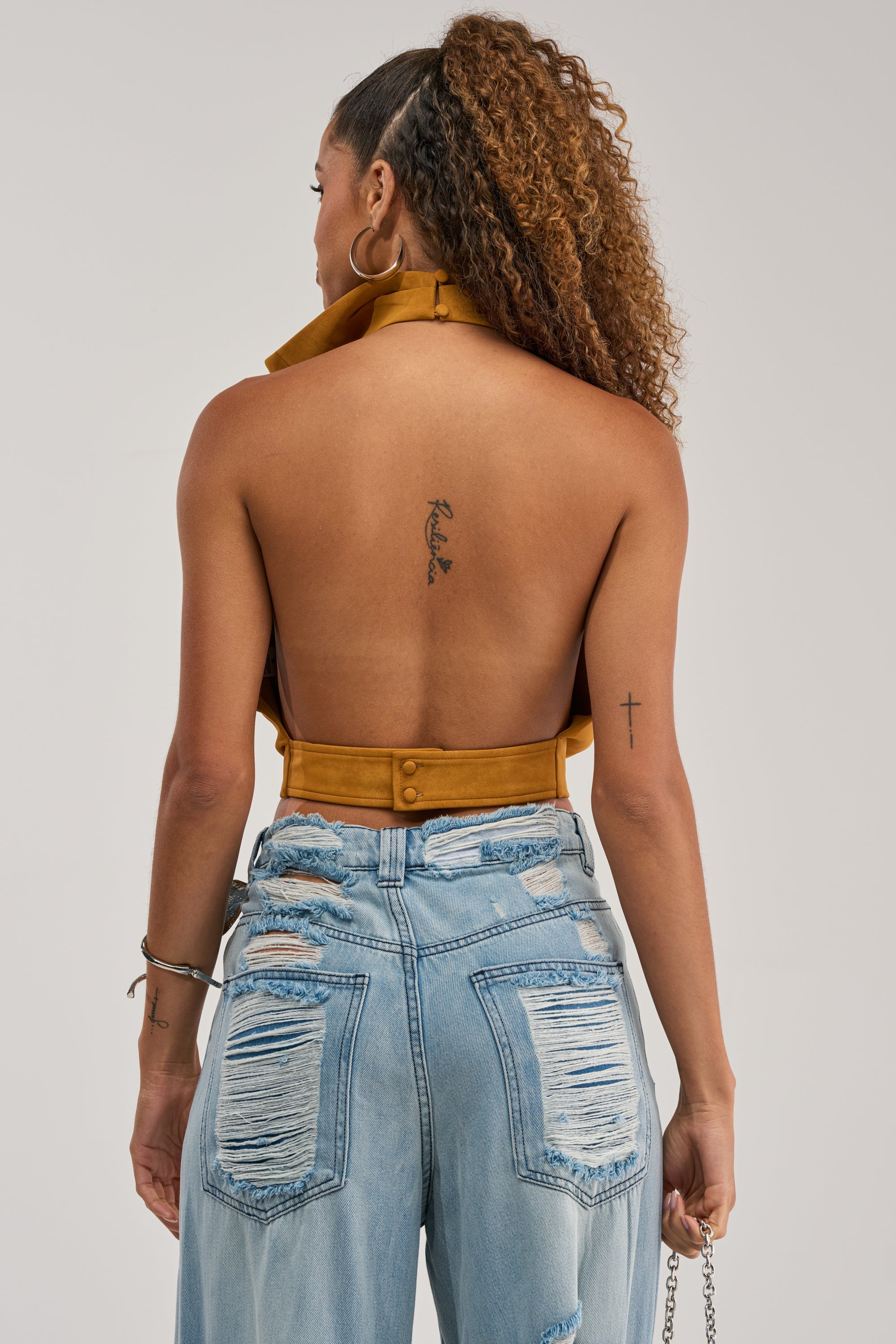JANE SUEDE HALTER TOP IN MUSTARD