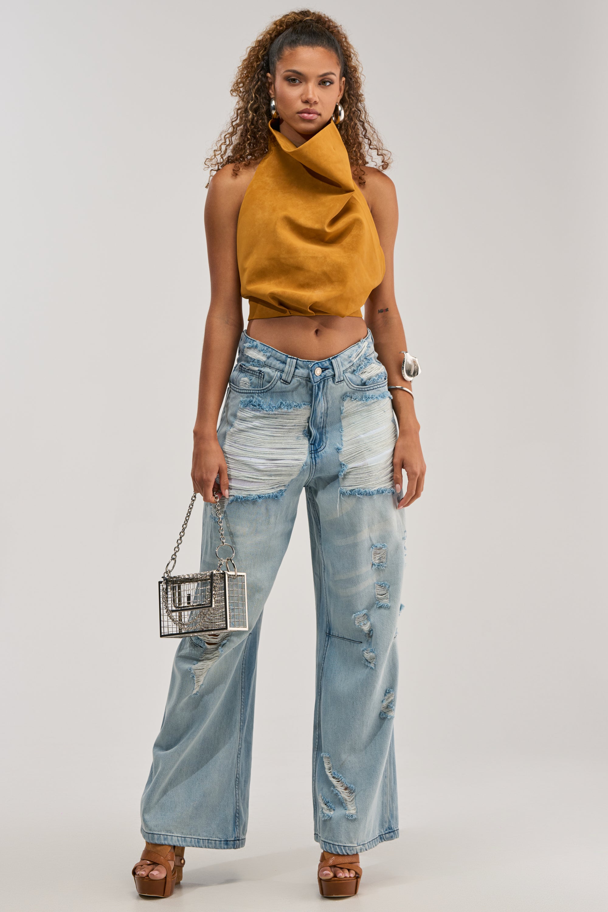JANE SUEDE HALTER TOP IN MUSTARD