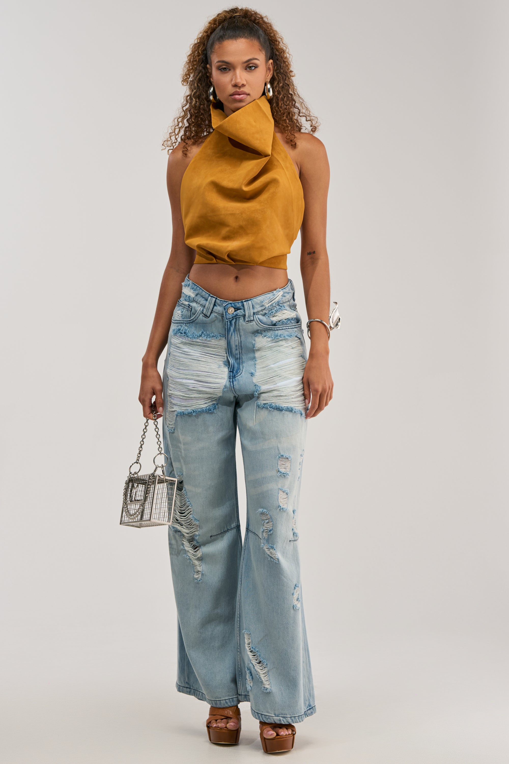 JANE SUEDE HALTER TOP IN MUSTARD