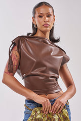 WEEKEND VIBES FAUX LEATHER BLOUSE IN BROWN
