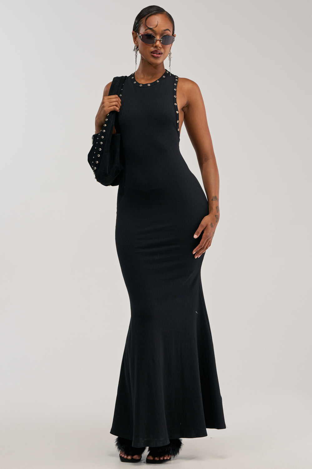 BAD DECISIONS STUDDED MAXI DRESS IN BLACK