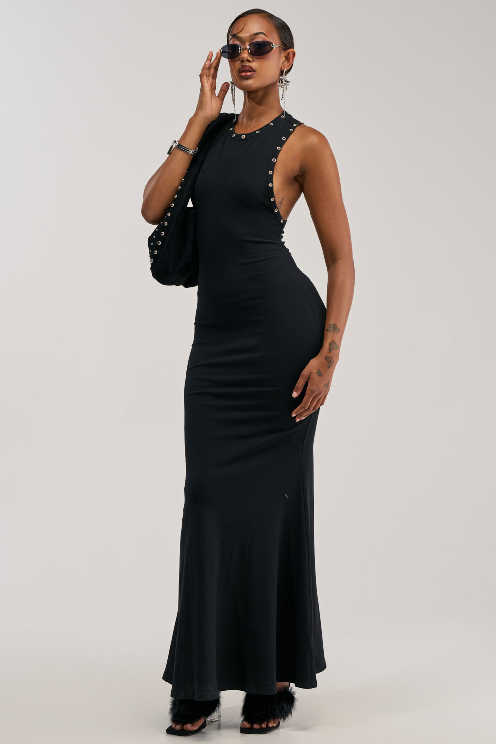 BAD DECISIONS STUDDED MAXI DRESS IN BLACK