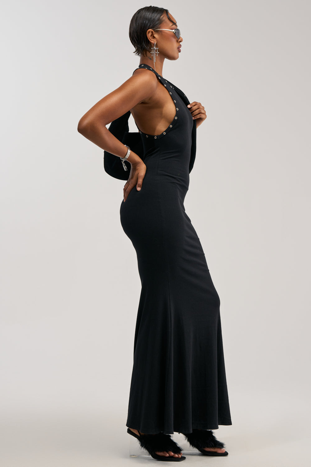BAD DECISIONS STUDDED MAXI DRESS IN BLACK