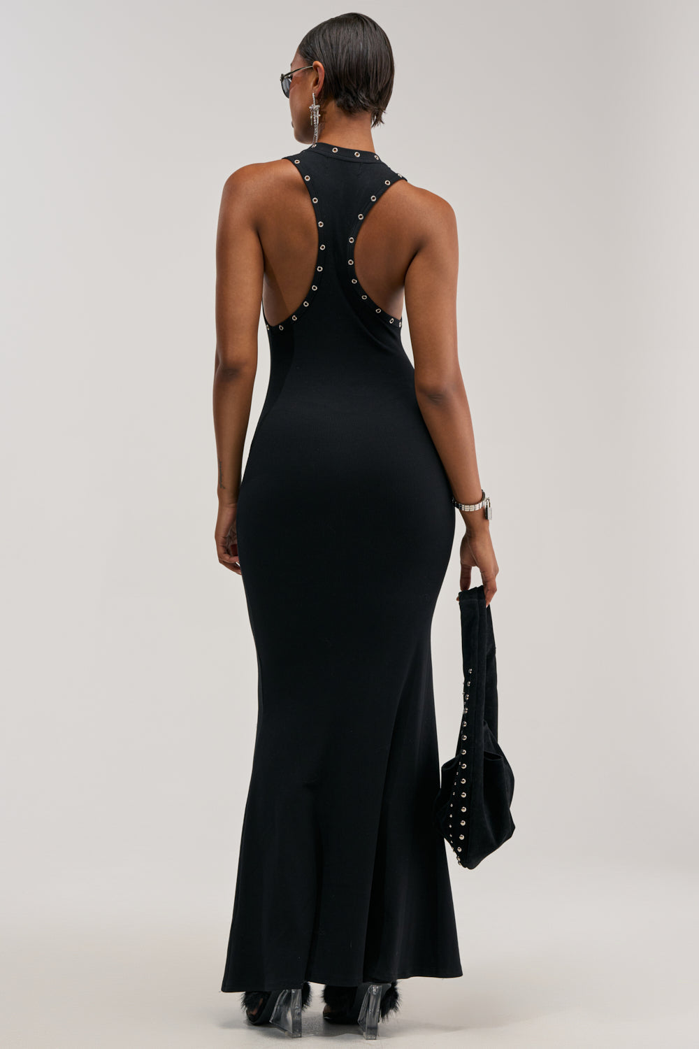 BAD DECISIONS STUDDED MAXI DRESS IN BLACK