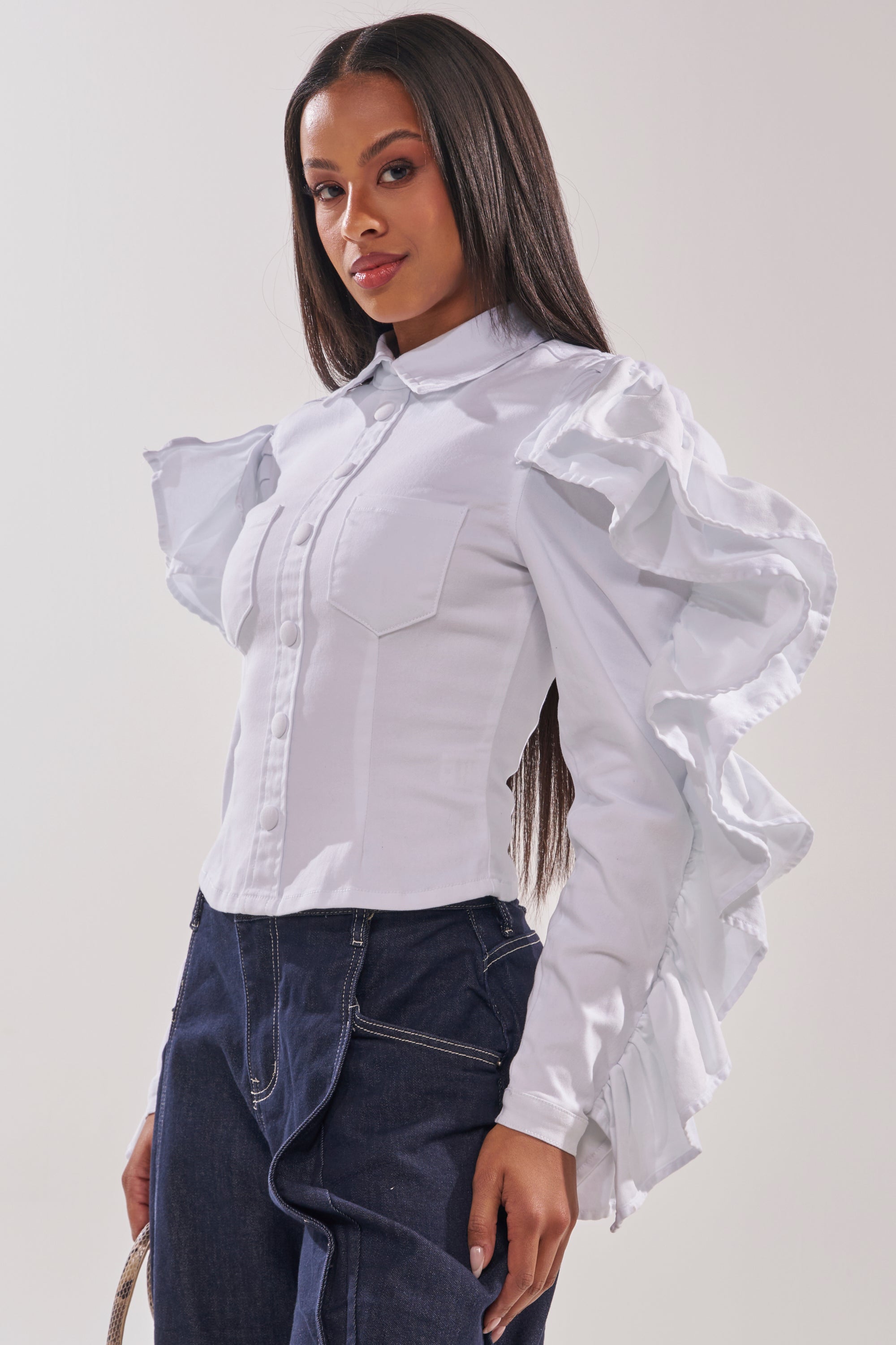 DREA RUFFLE SLEEVE BUTTON DOWN