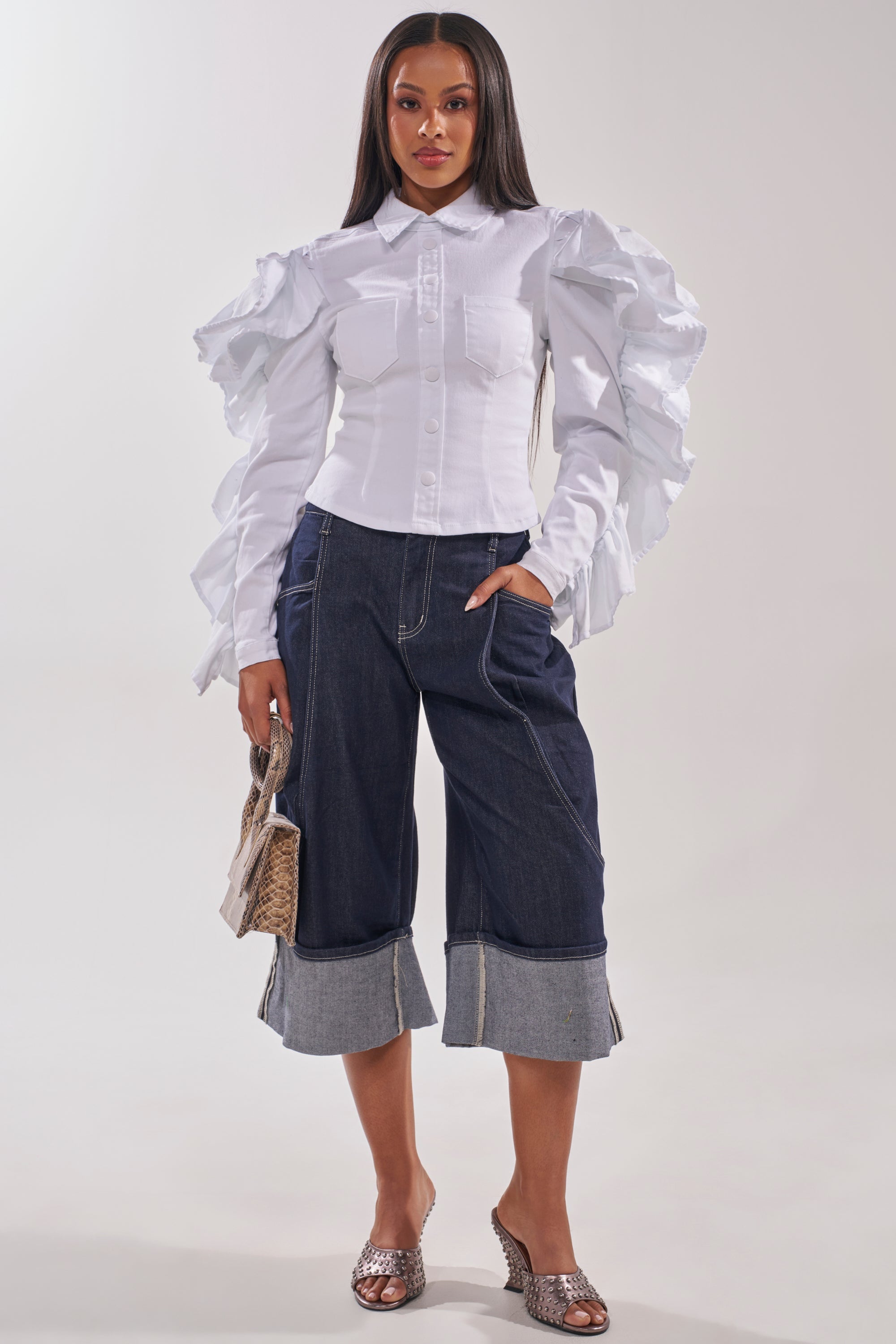 DREA RUFFLE SLEEVE BUTTON DOWN
