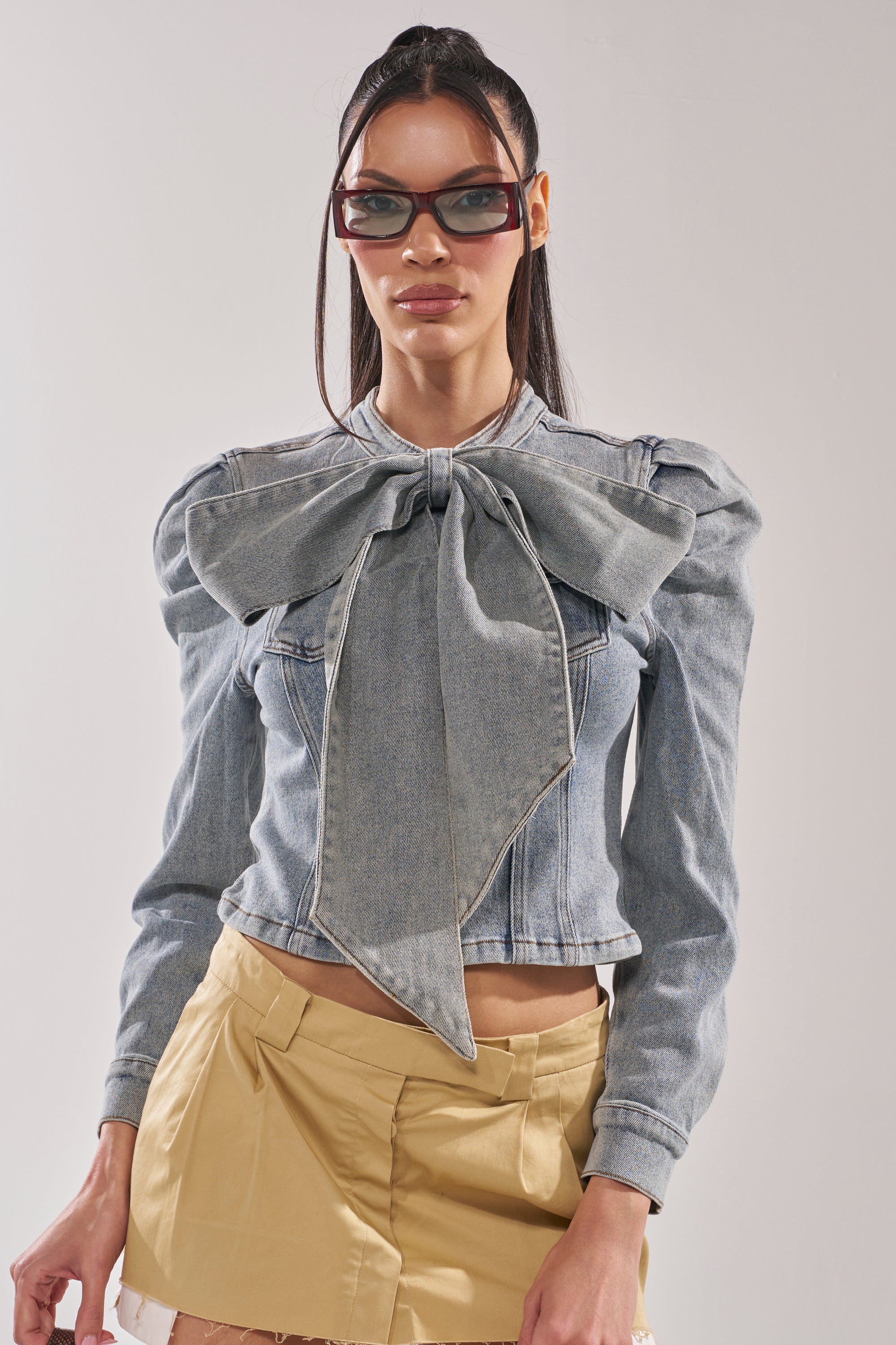 WAIT FOR U DENIM BOW BLOUSE TOP