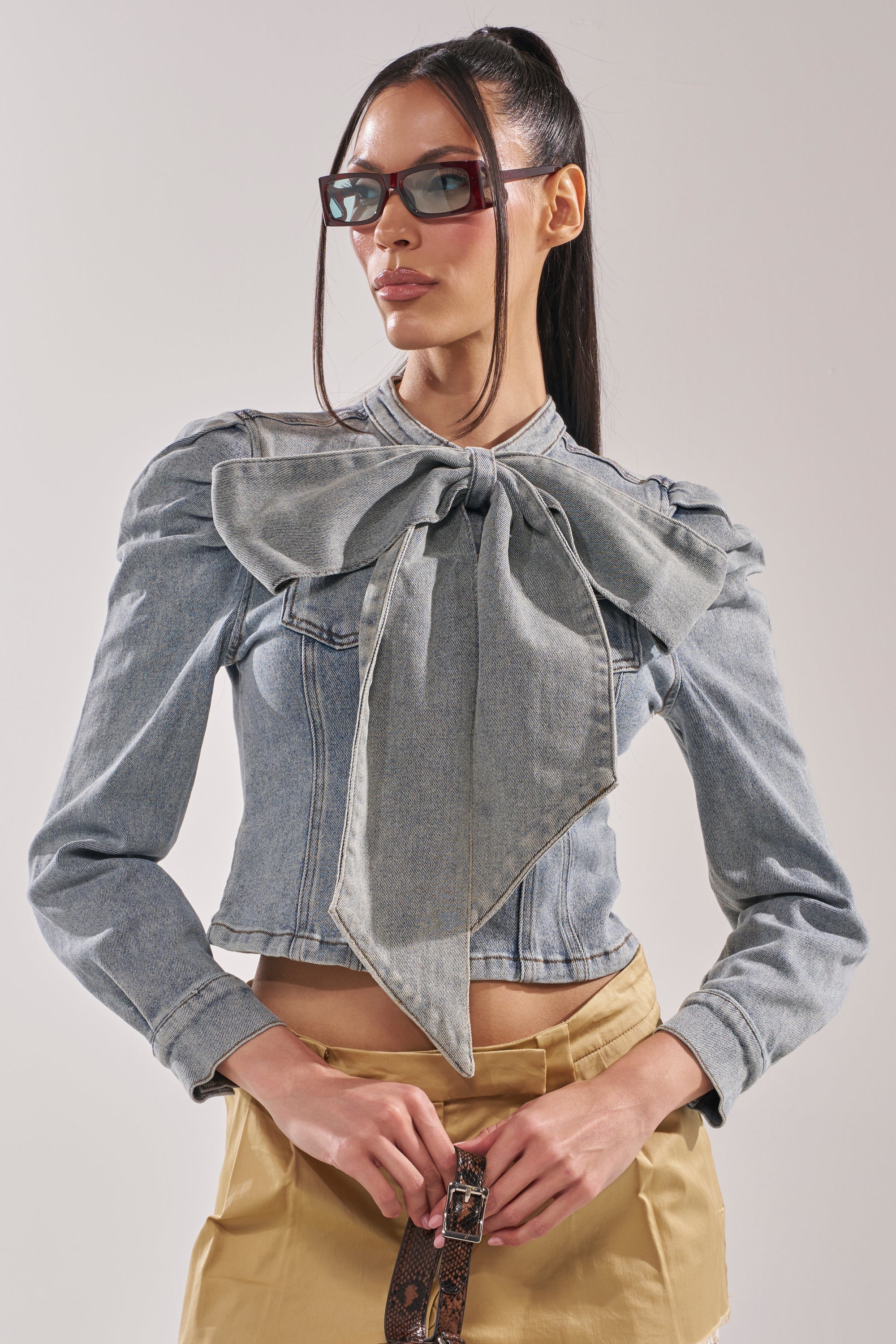 WAIT FOR U DENIM BOW BLOUSE TOP