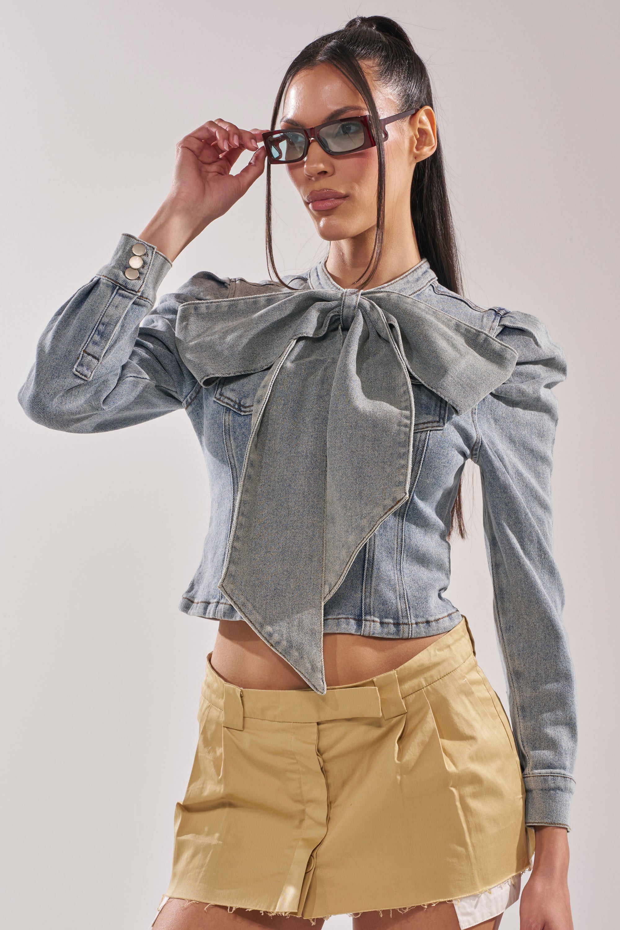 WAIT FOR U DENIM BOW BLOUSE TOP
