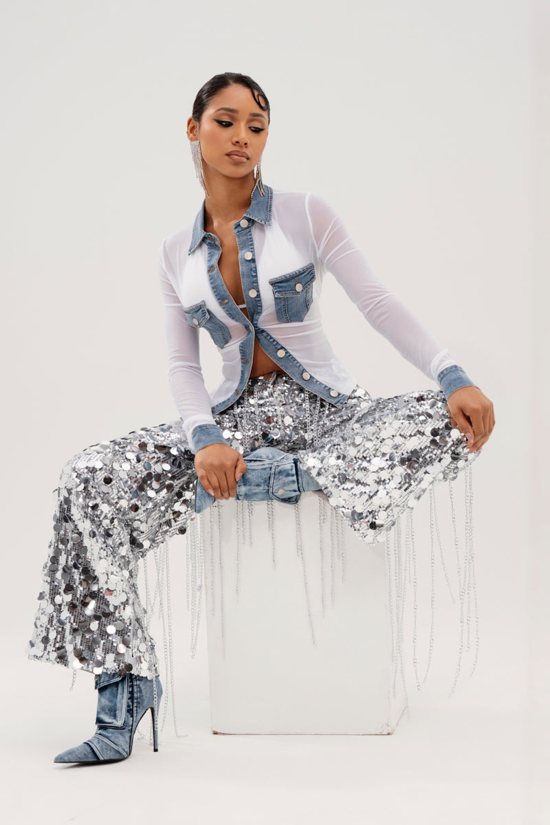 DIFFERENT DENIM LOVE WHITE MESH BUTTON DOWN
