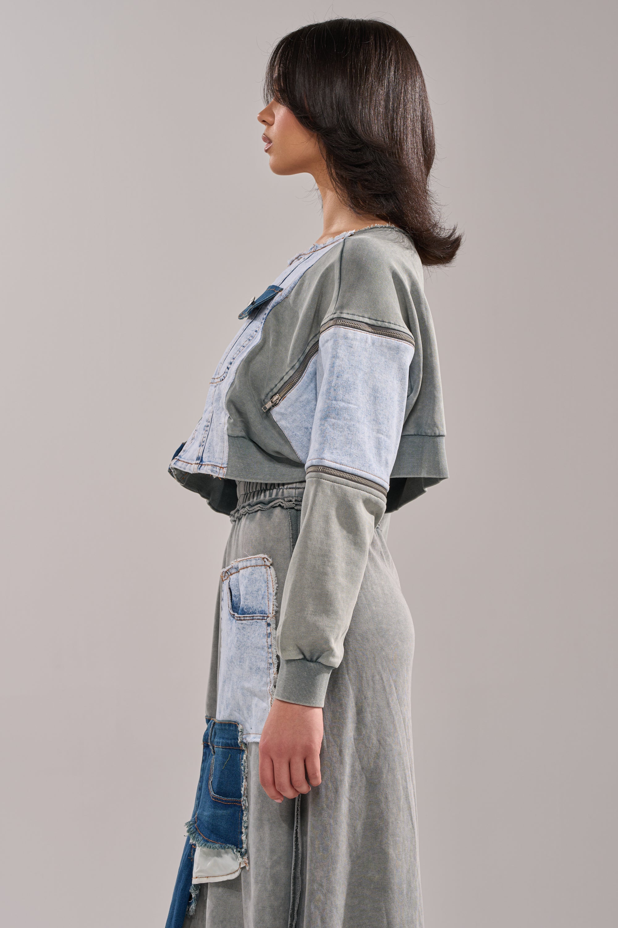 DENIM DREAMS ZIPPER DETAIL SWEATSHIRT
