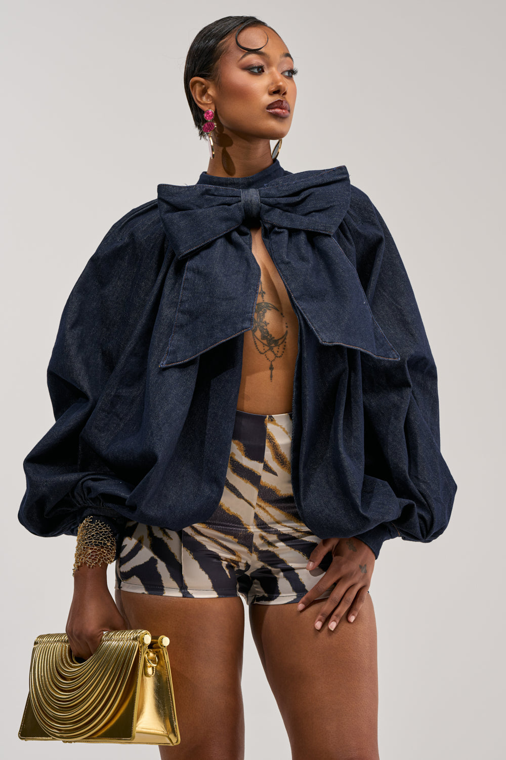 LEAH RUCHED DENIM MOCK NECK TOP IN DARK BLUE DENIM