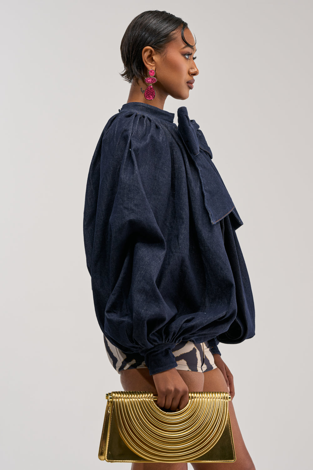 LEAH RUCHED DENIM MOCK NECK TOP IN DARK BLUE DENIM