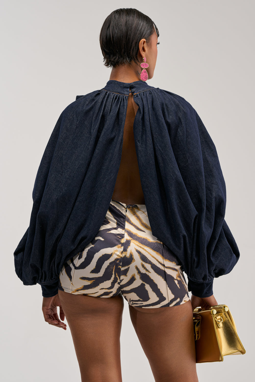 LEAH RUCHED DENIM MOCK NECK TOP IN DARK BLUE DENIM