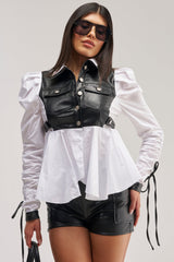 ALWAYS FABULOUS FAUX LEATHER DETAIL BUTTON DOWN BLOUSE
