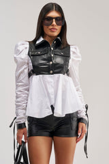 ALWAYS FABULOUS FAUX LEATHER DETAIL BUTTON DOWN BLOUSE