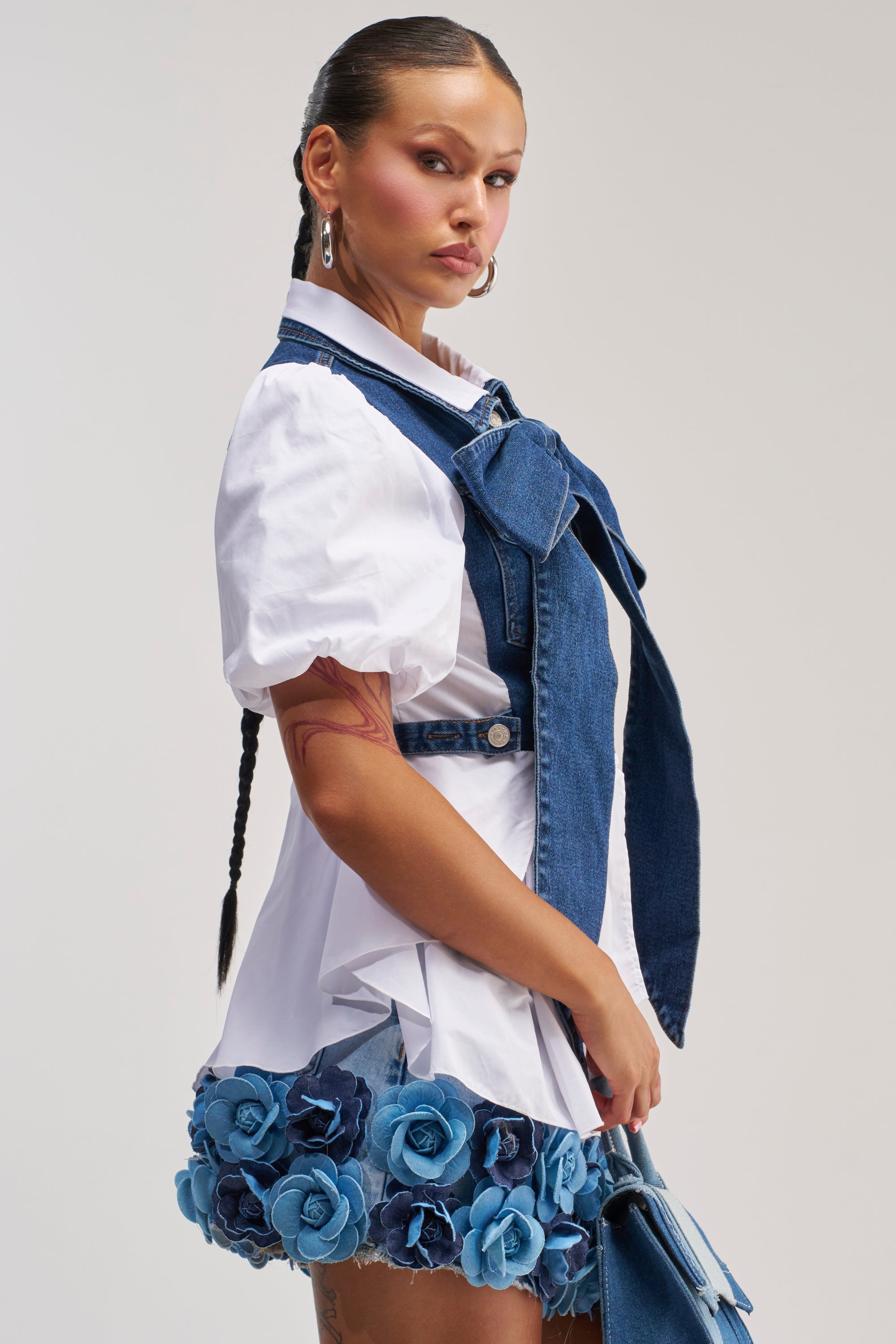 FAITH SHORT SLEEVE DARK BLUE DENIM TIE POPLIN BLOUSE