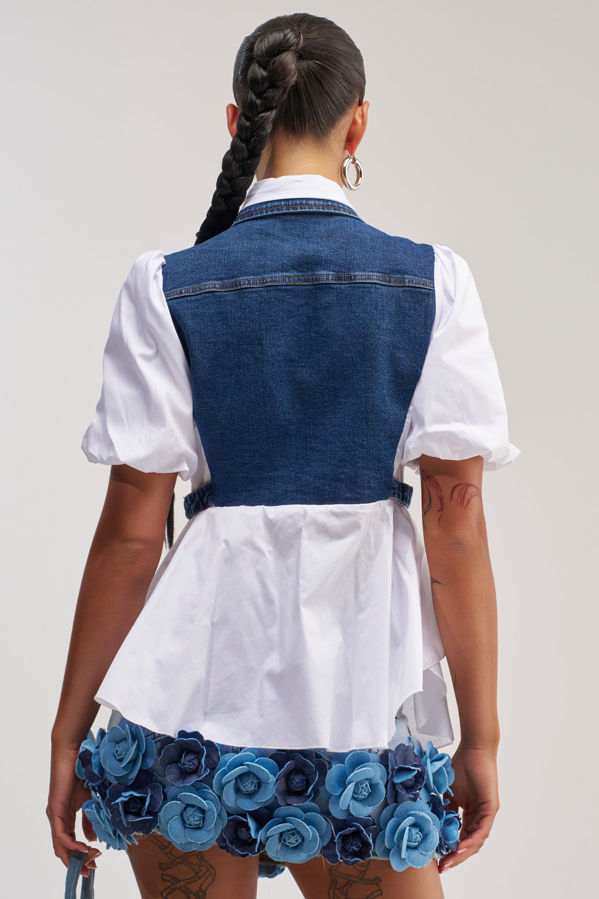 FAITH SHORT SLEEVE DARK BLUE DENIM TIE POPLIN BLOUSE