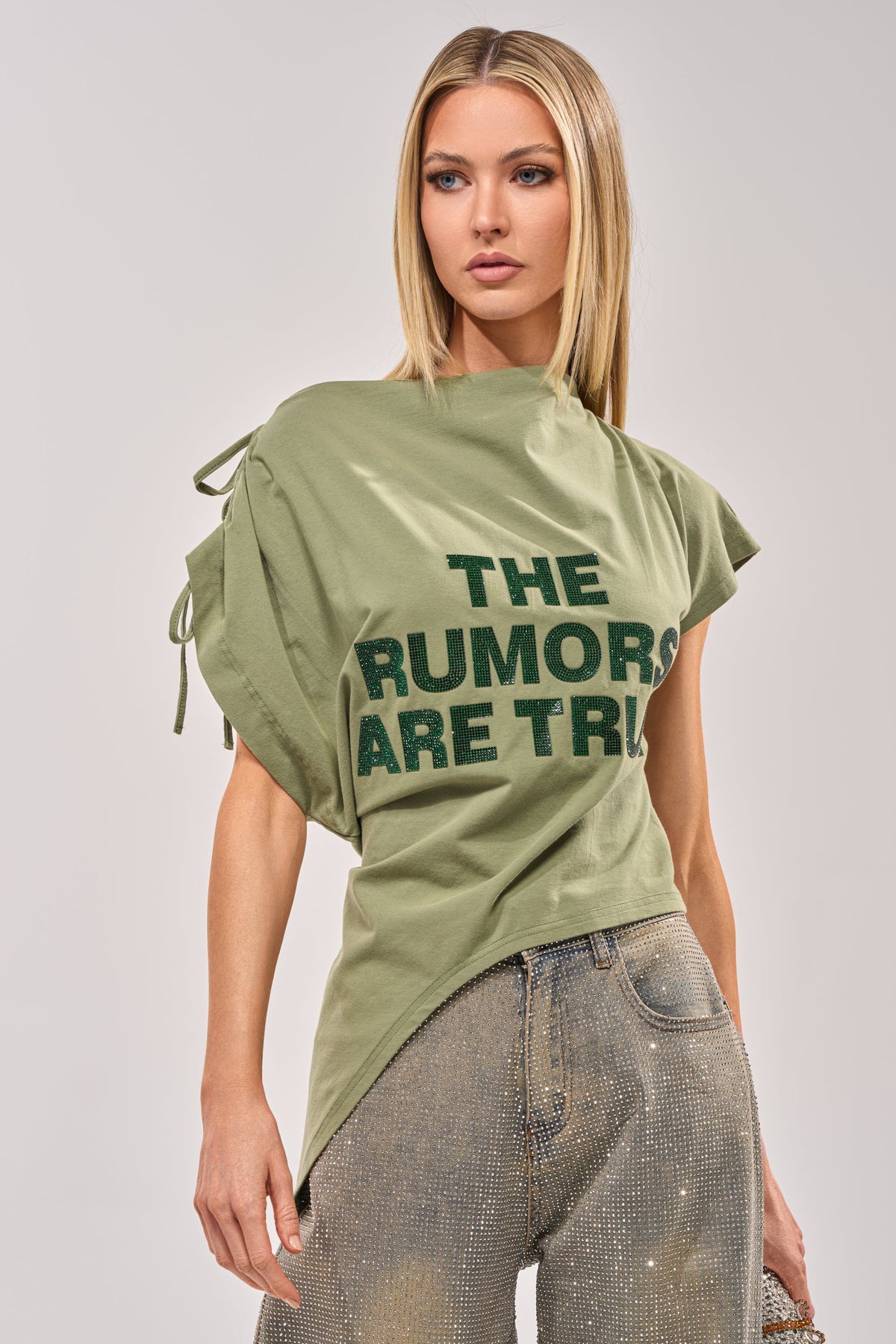 THE RUMORS ARE TRUE OFF THE SHOULDER OLIVE TEE