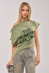 THE RUMORS ARE TRUE OFF THE SHOULDER OLIVE TEE