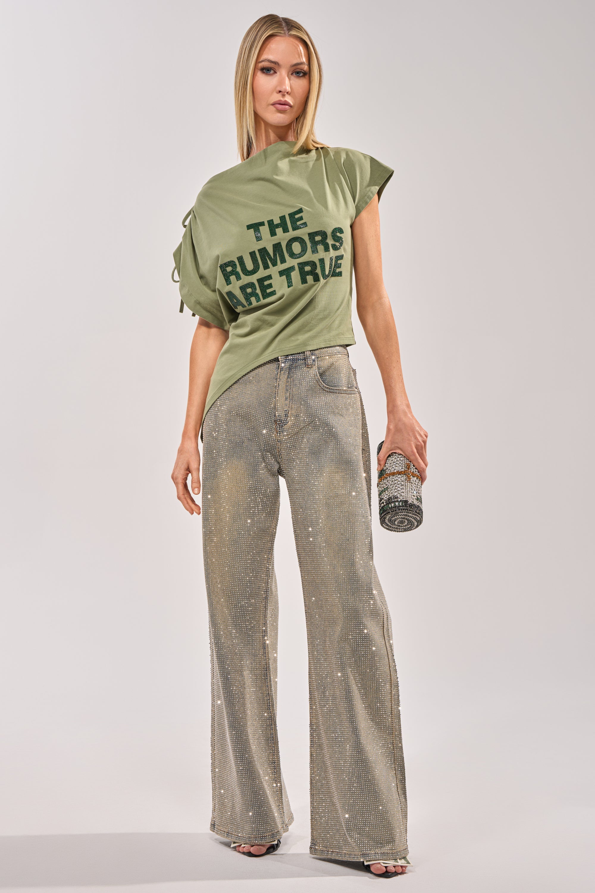 THE RUMORS ARE TRUE OFF THE SHOULDER OLIVE TEE