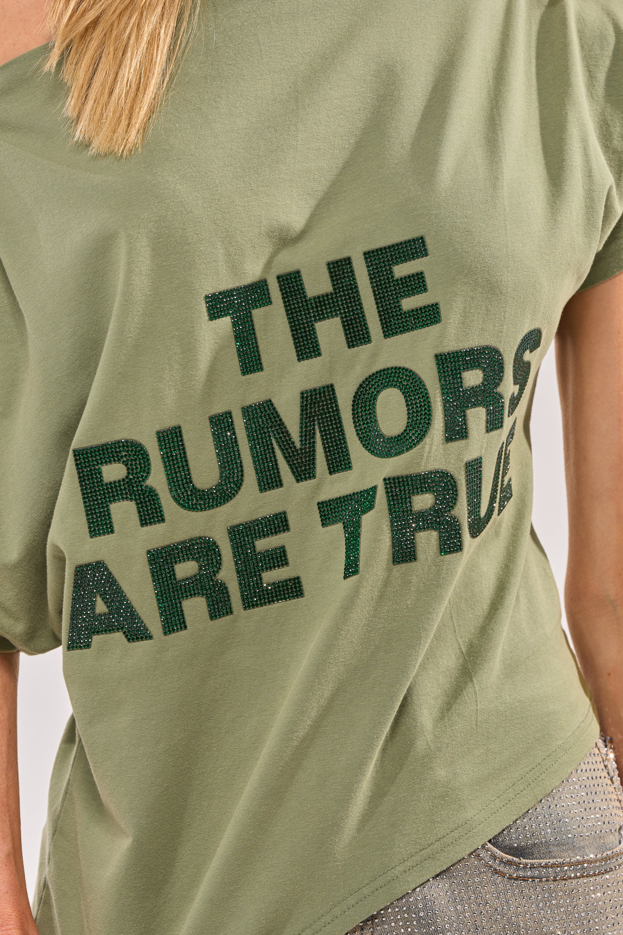 THE RUMORS ARE TRUE OFF THE SHOULDER OLIVE TEE